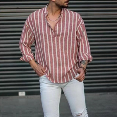 Linen Stripe Henley Collar Long Sleeve Shirt
