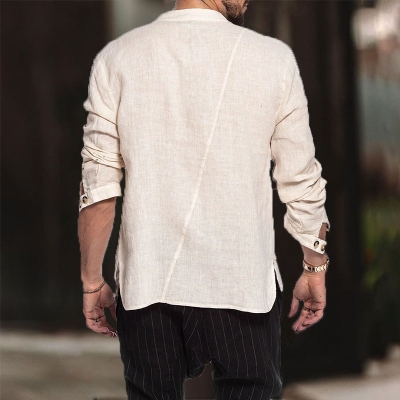 Men's Stand Collar Cotton Linen Casual Long Sleeve Shirt
