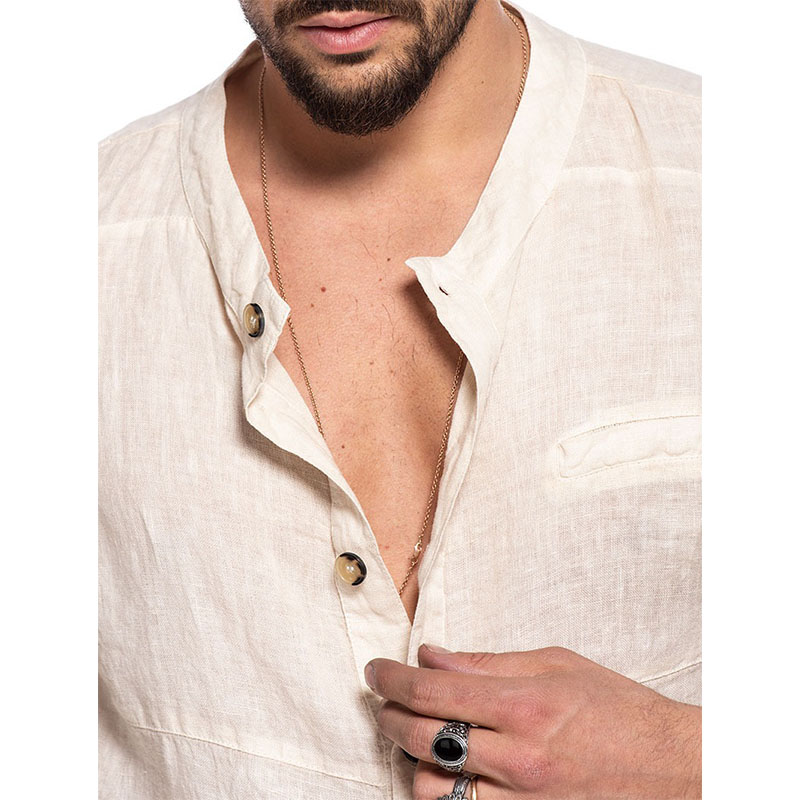 Men's Stand Collar Cotton Linen Casual Long Sleeve Shirt