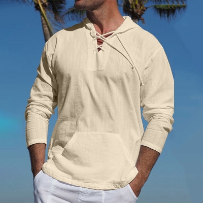 Casual Cotton And Linen Strap Solid Color Long-Sleeved Shirt