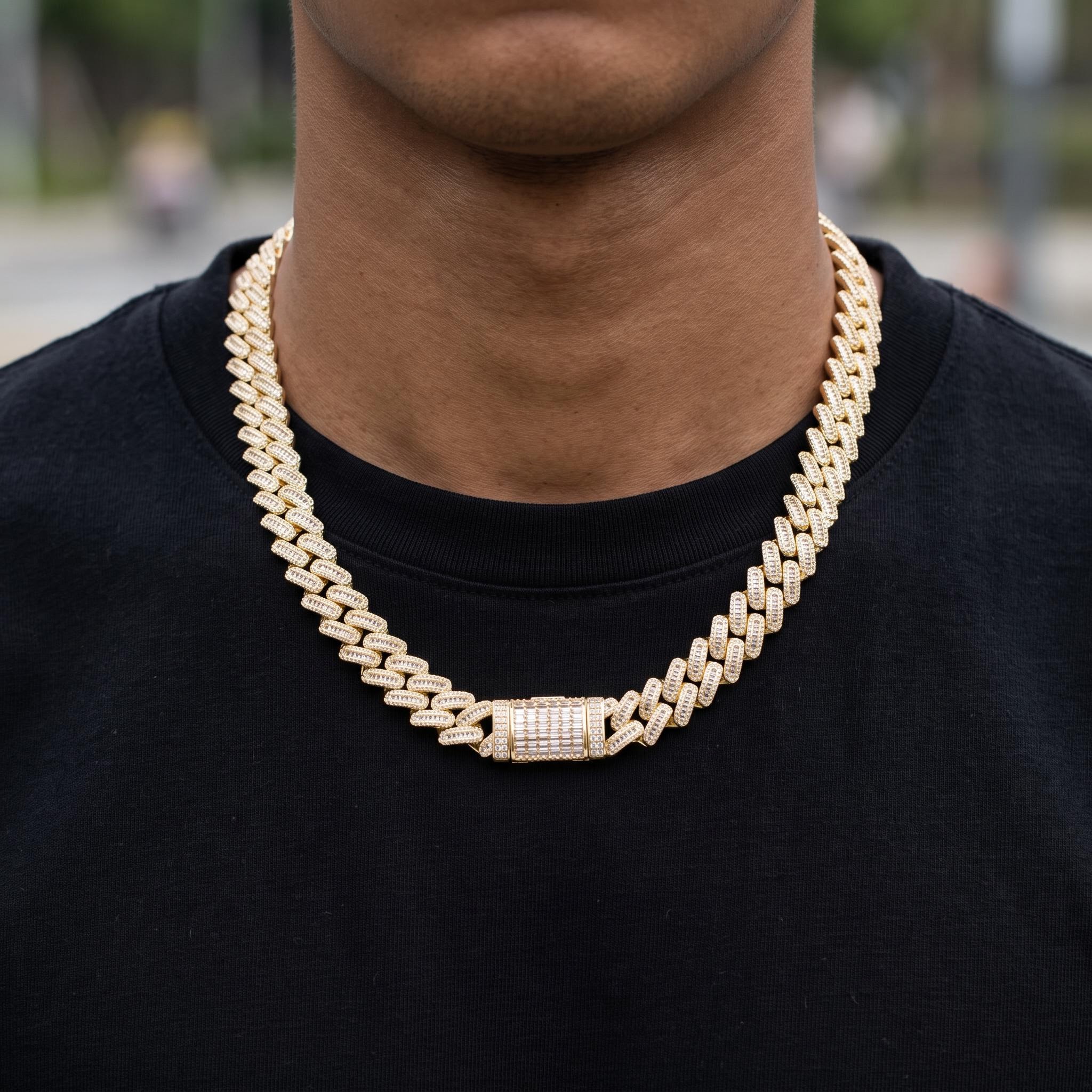 14mm Baguette & Round Cut Box Clasp Cuban Chain in Gold