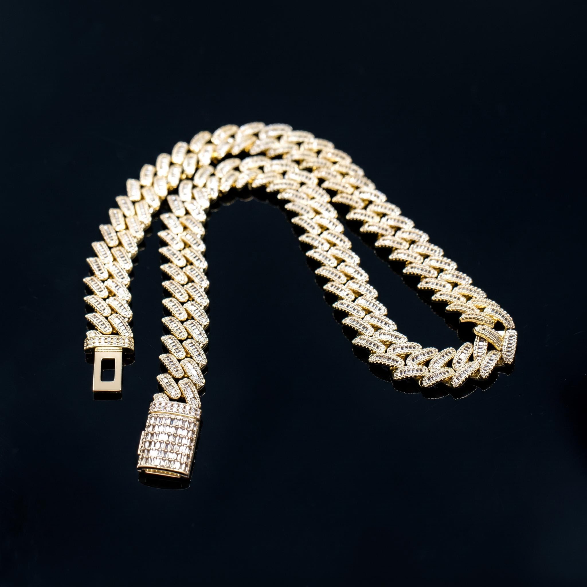 14mm Baguette & Round Cut Box Clasp Cuban Chain in Gold