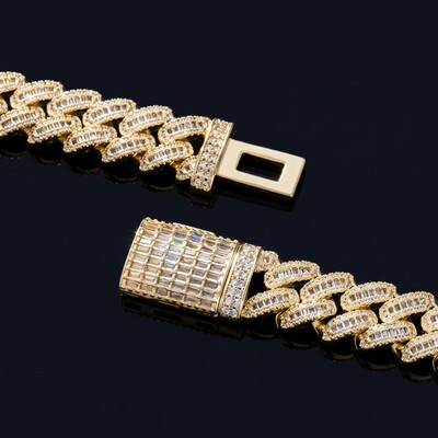 14mm Baguette & Round Cut Box Clasp Cuban Chain in Gold