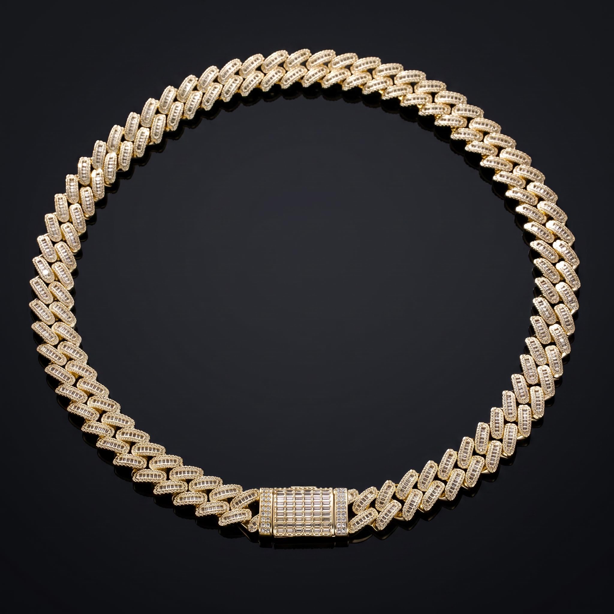 14mm Baguette & Round Cut Box Clasp Cuban Chain in Gold