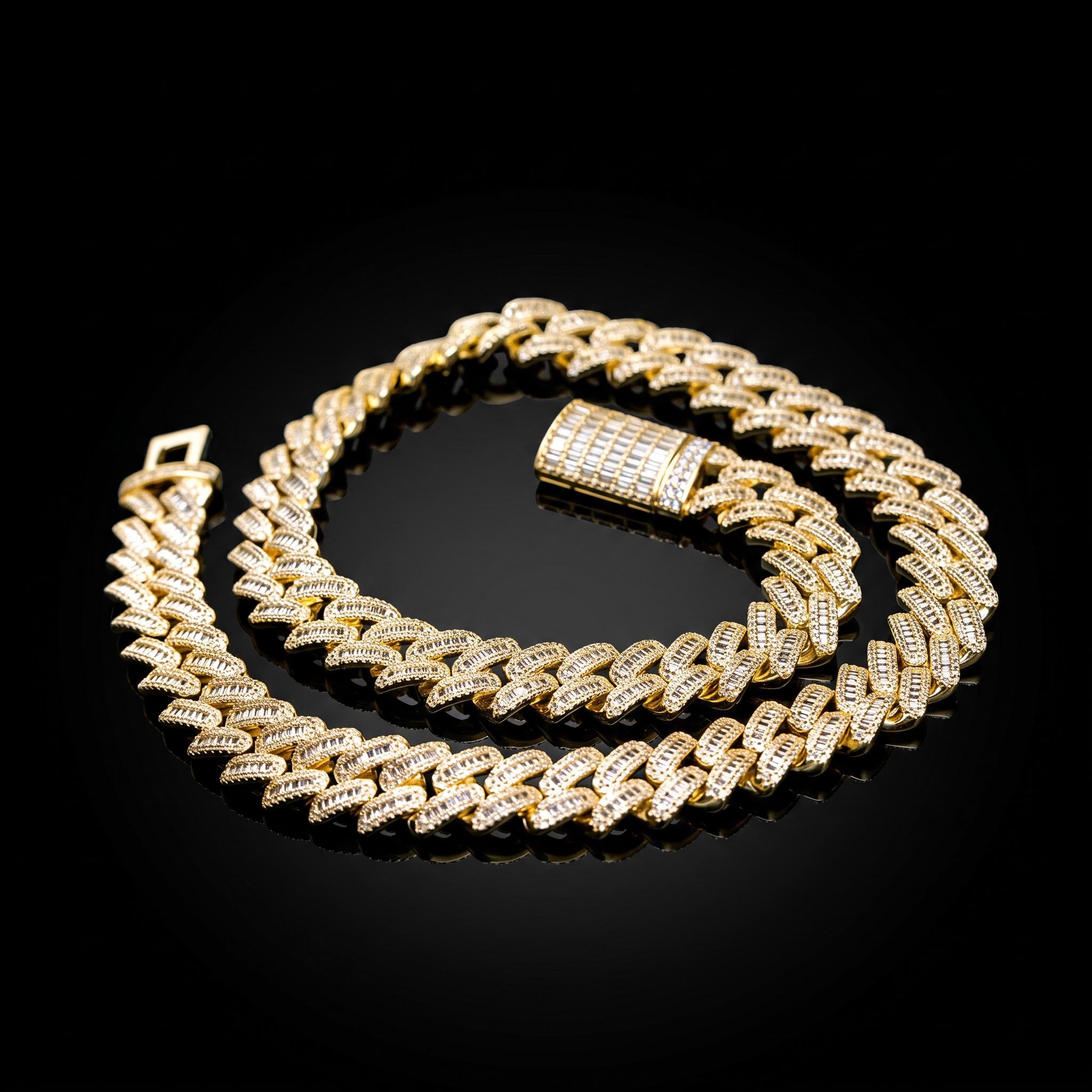14mm Baguette & Round Cut Box Clasp Cuban Chain in Gold