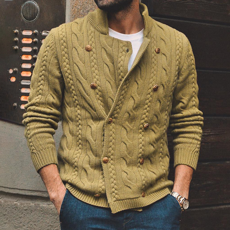 Solid Color Half Mock Neck Double Breasted Cardigan