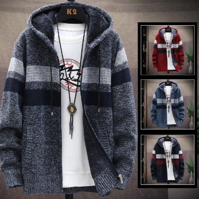 Color Block Knitted Long Sleeve Zipper Cardigan