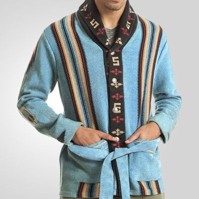 Blue Vintage Jacquard Knit Mid-length Cardigan