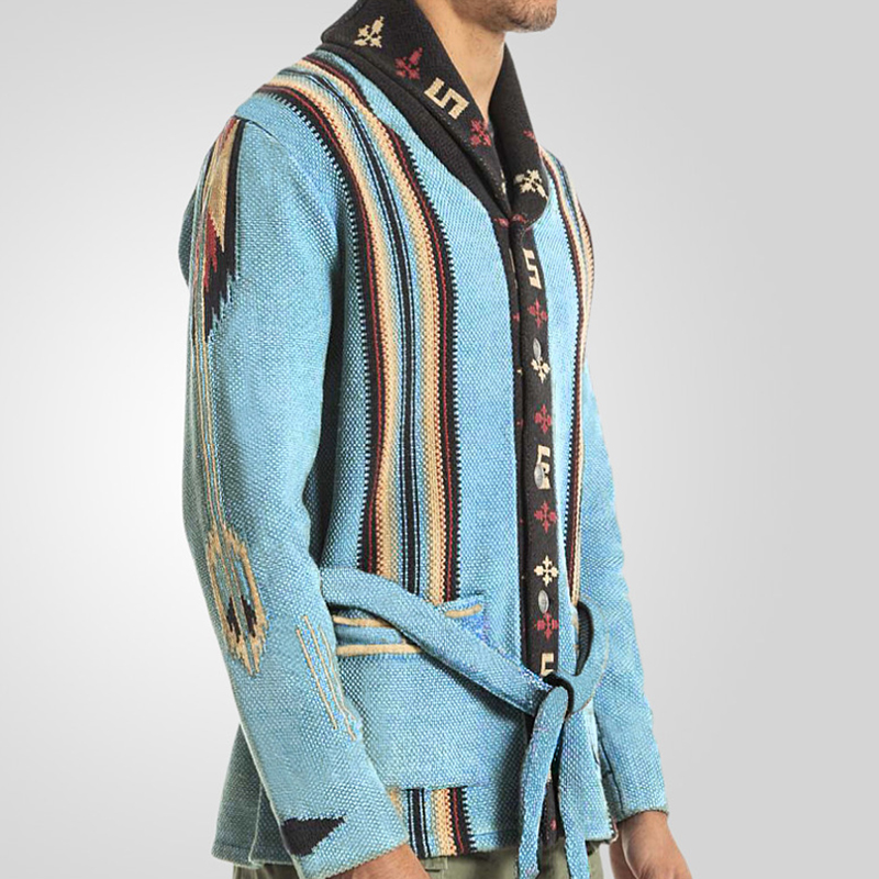 Blue Vintage Jacquard Knit Mid-length Cardigan