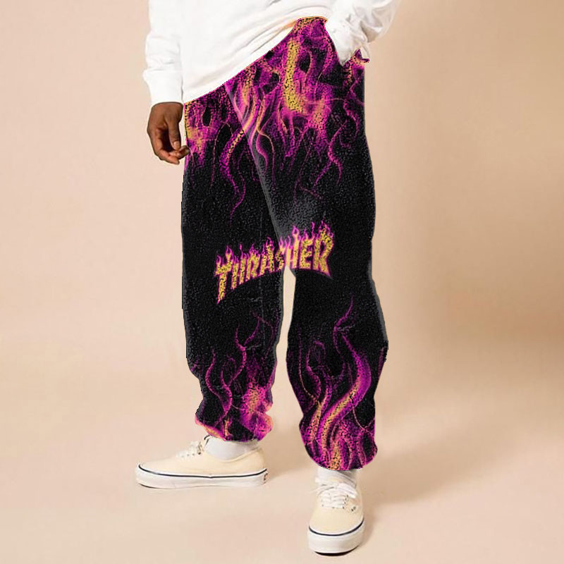 Street Flame Print Flannel Casual Pants