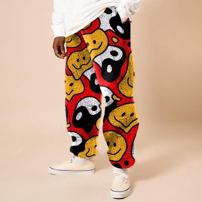 Street Smiley Print Flannel Casual Pants