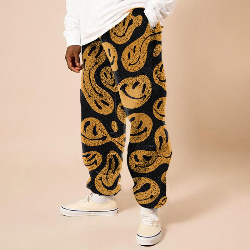 Street Smiley Print Flannel Casual Pants