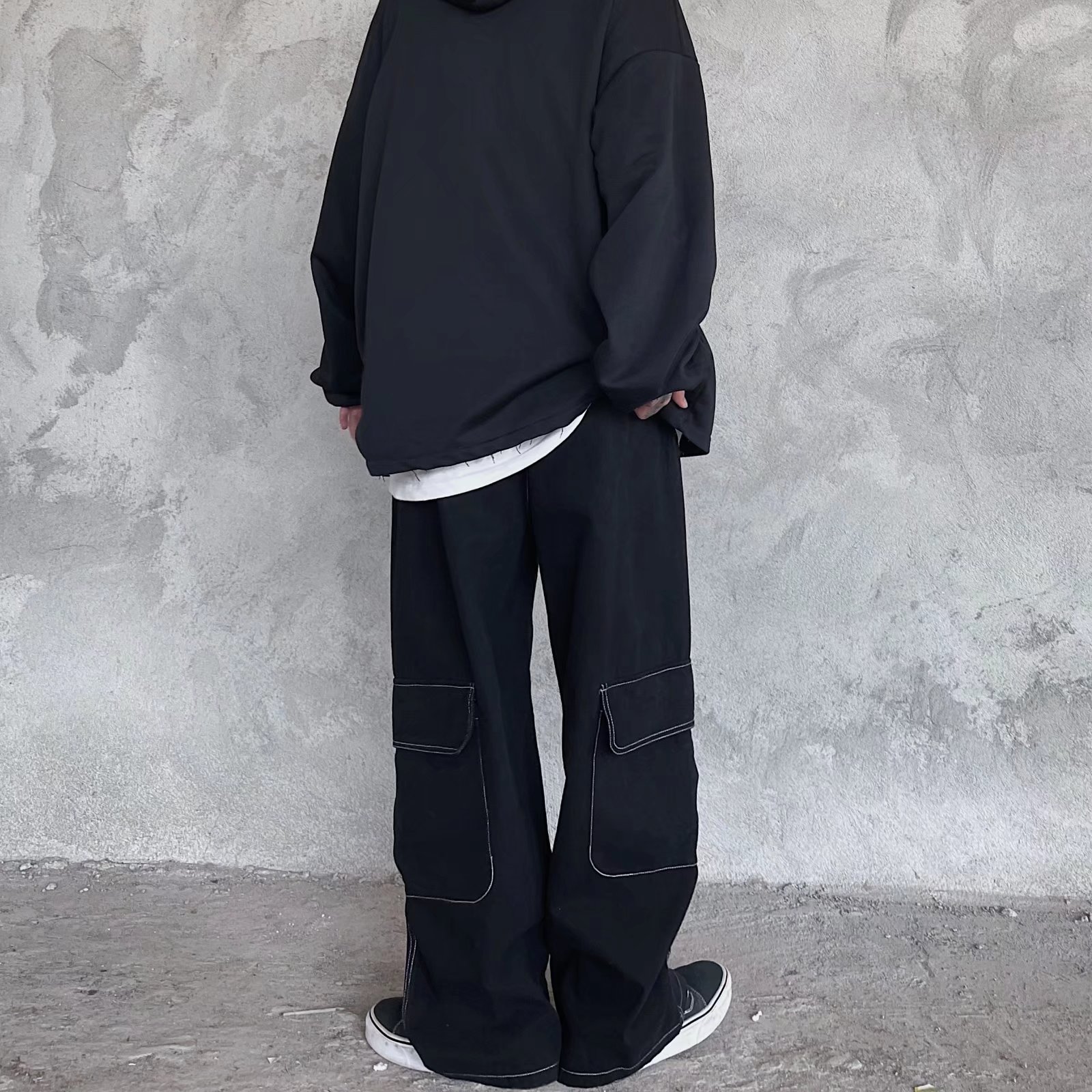 Hip-Hop Street Topstitched Pocket Cargo Pants