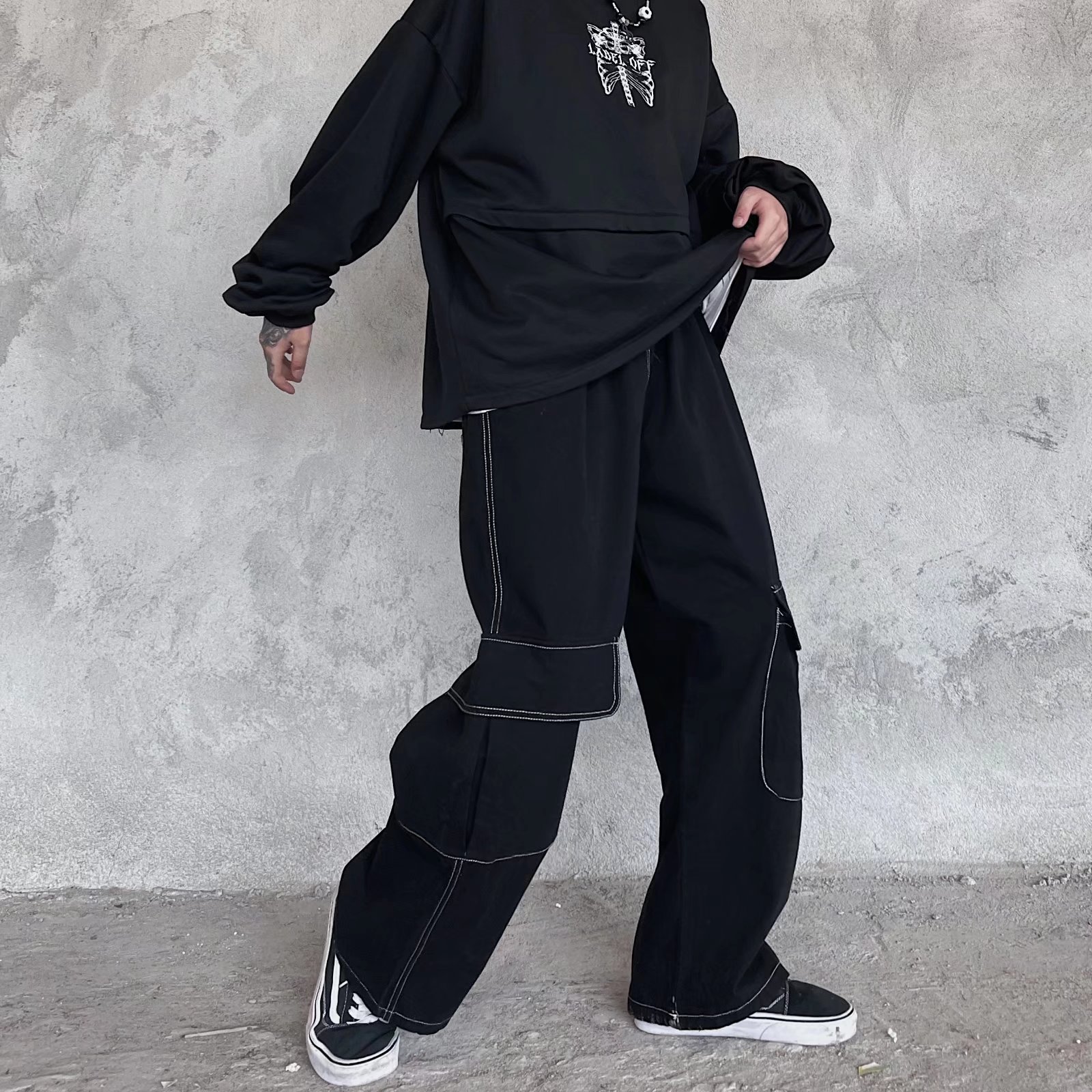 Hip-Hop Street Topstitched Pocket Cargo Pants