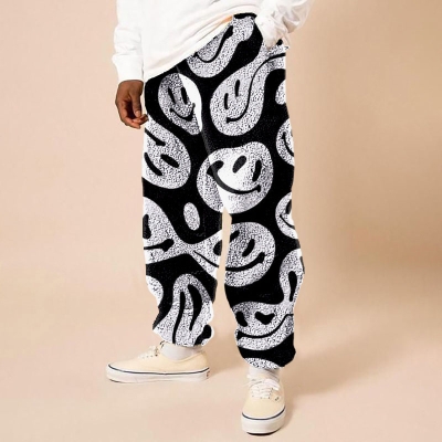 Colorful Smiley Print Flannel Casual Pants