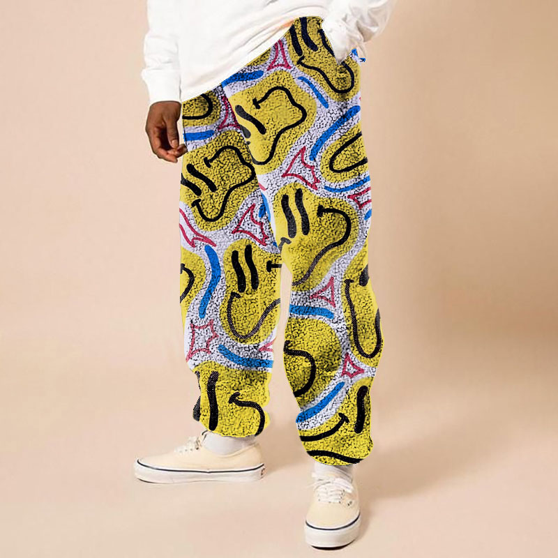 Street Colorful Smiley Print Flannel Casual Pants