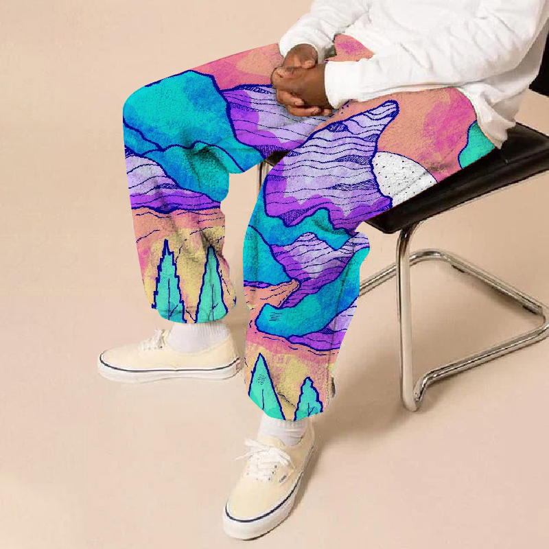 Flannel Colorful Landscape Painting Casual Trousers