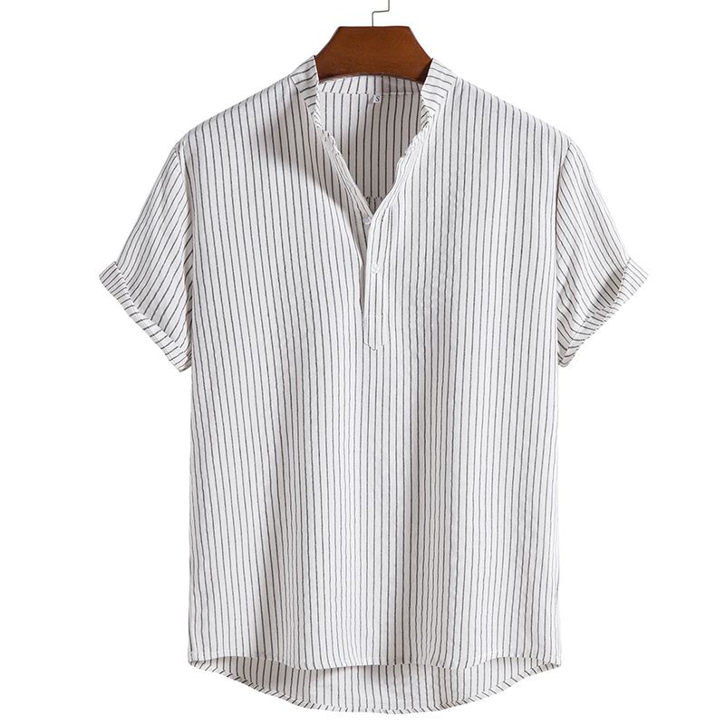 Stand Collar Striped Short Sleeve Shirt