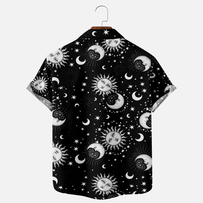 Fashion Retro Moon Star Print Short Sleeve Shirt