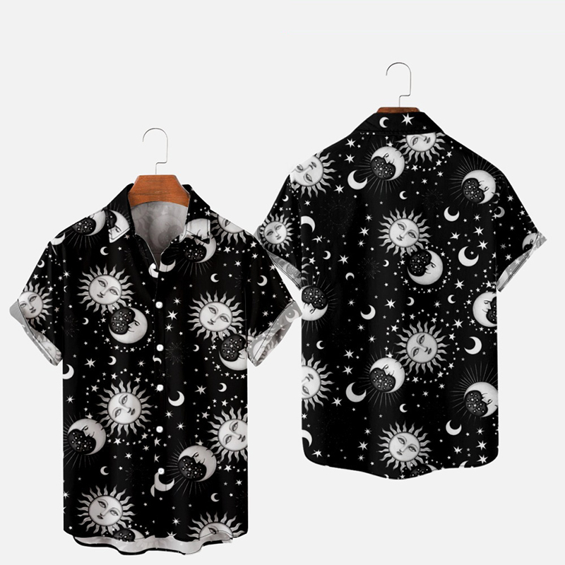 Fashion Retro Moon Star Print Short Sleeve Shirt