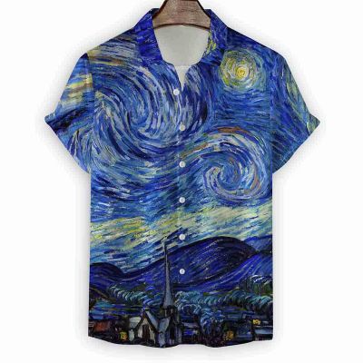 Hawaiian Casual Print Van Gogh Oil Painting Short Sleeve Shirt