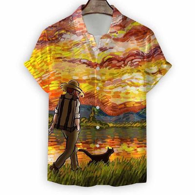 Hawaiian Casual Print Van Gogh Oil Painting Short Sleeve Shirt