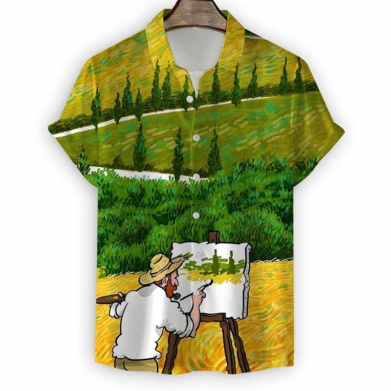 Hawaiian Casual Print Van Gogh Oil Painting Short Sleeve Shirt