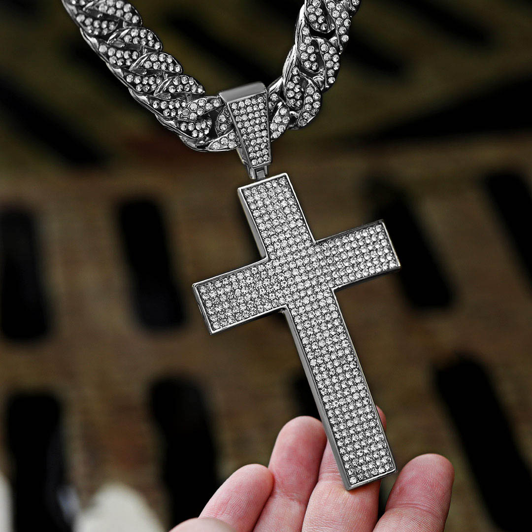 Micro Pave Large Cross Pendant with 13mm Cuban Chain in White Gold