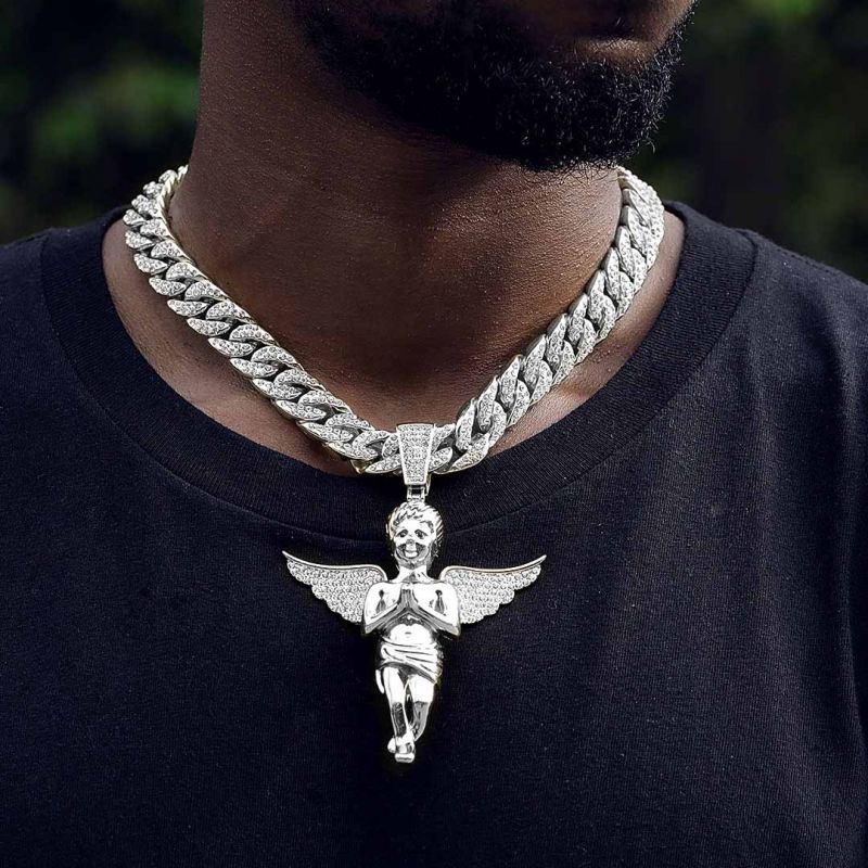 Iced Praying Angel Pendant with 13mm Cuban Chain Set in White Gold