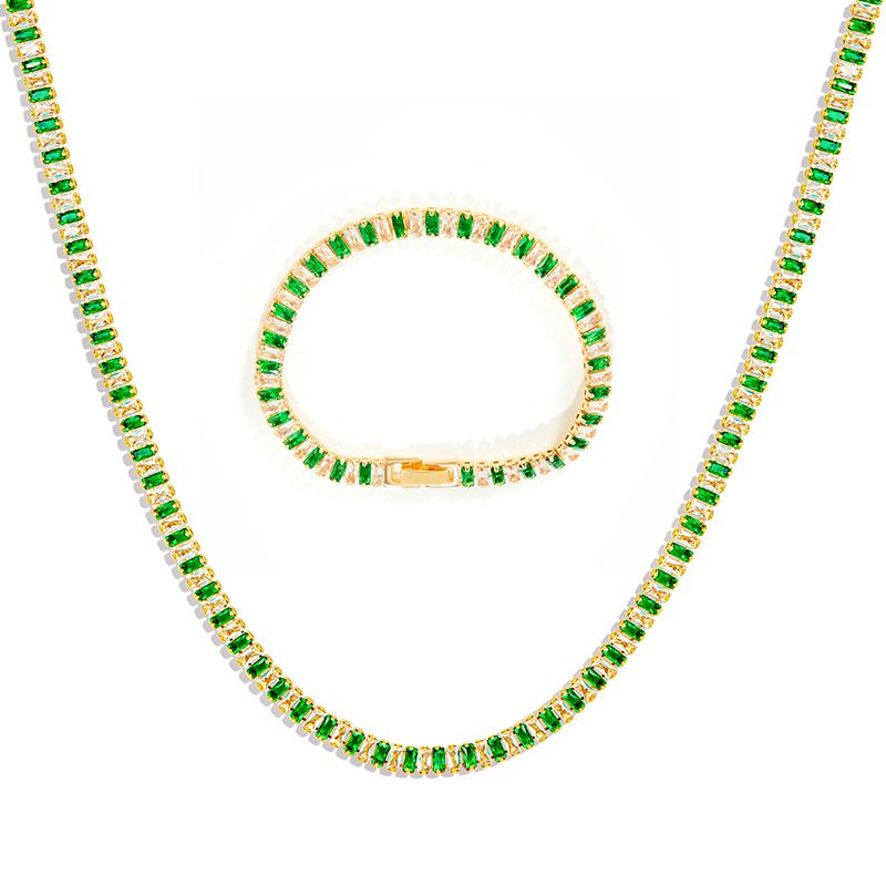 Iced Baguette Cut White & Green Stones Tennis Chain Set in Gold