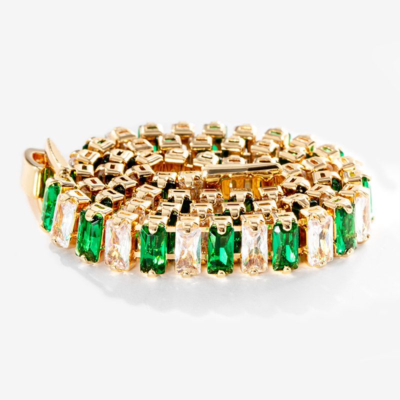 Iced Baguette Cut White & Green Stones Tennis Chain Set in Gold