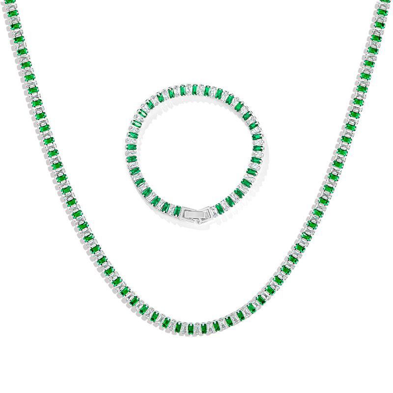 Iced Baguette Cut White & Green Stones Tennis Chain Set in White Gold