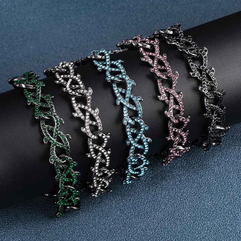 12mm Iced Crown of Thorns Chain and Bracelet Set-Emerald/Black/Blue/Purple/White
