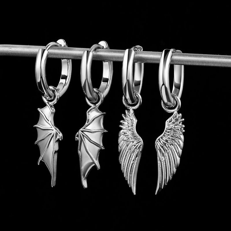Angel & Devil Wings Dangle Earrings Set in White Gold