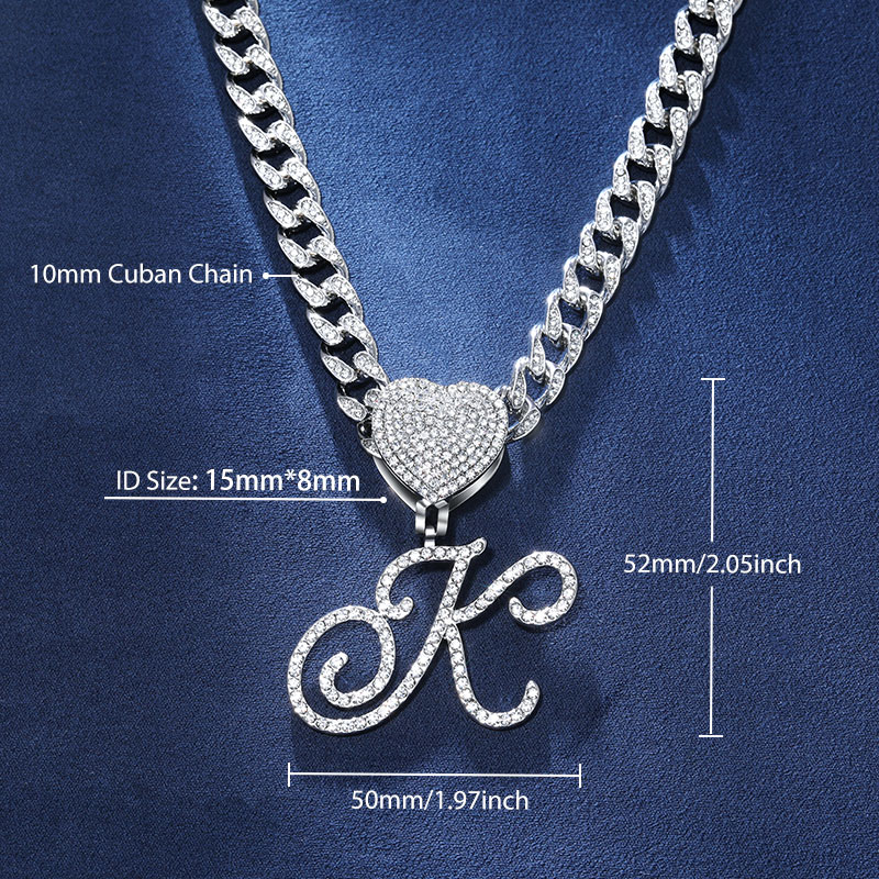 Iced Love Buckle Cursive Initial Letter Pendant with Tear Drop Necklace in White Gold