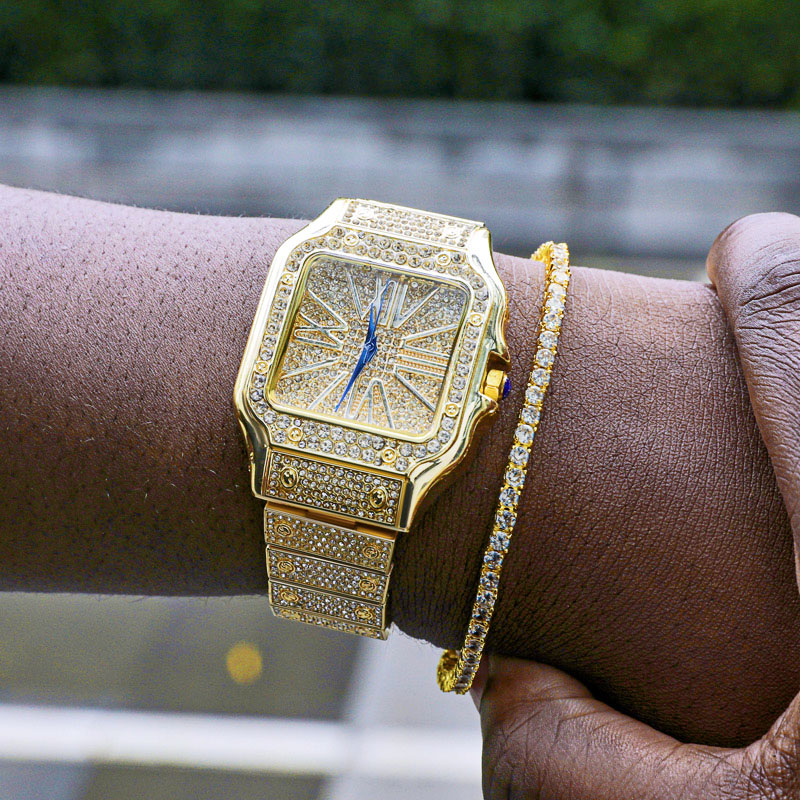 Iced Square Roman Numerals Watch & 3mm Tennis Bracelet Set in Gold Iced Square Roman Numerals Watch & 3mm Tennis Bracelet Set in Gold