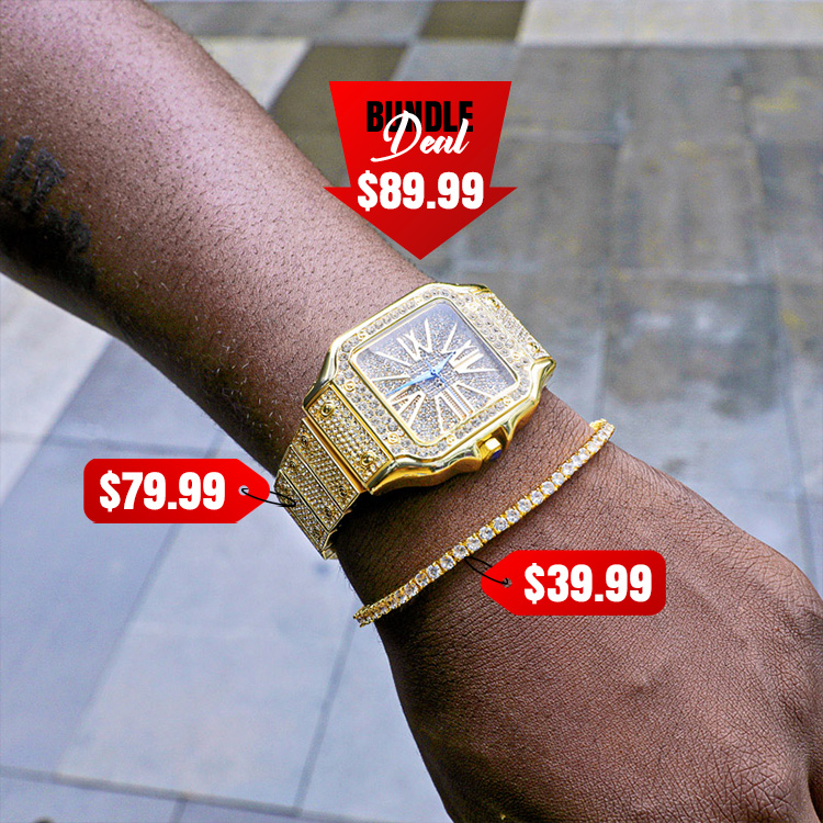 Iced Square Roman Numerals Watch & 3mm Tennis Bracelet Set in Gold Iced Square Roman Numerals Watch & 3mm Tennis Bracelet Set in Gold