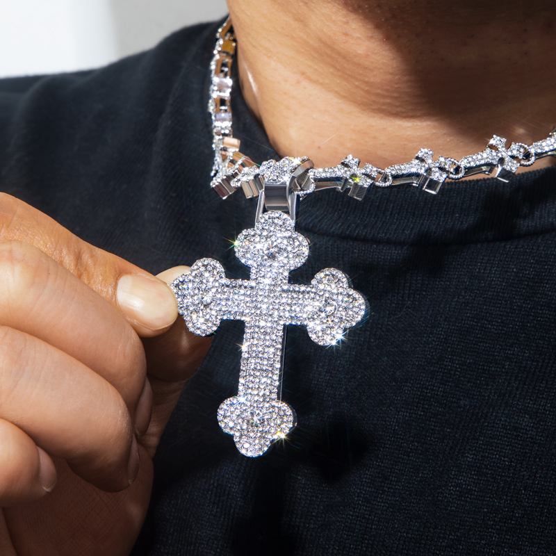 11mm Cross Link Chain + Micro Pave Cross Pendant in White Gold