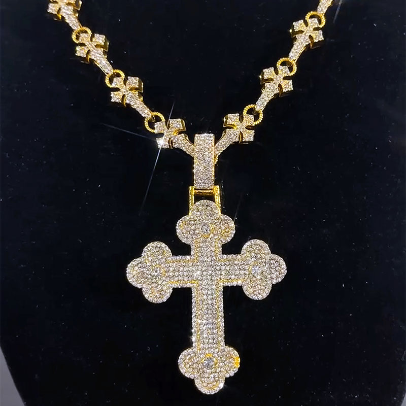 11mm Cross Link Chain + Micro Pave Cross Pendant in Gold