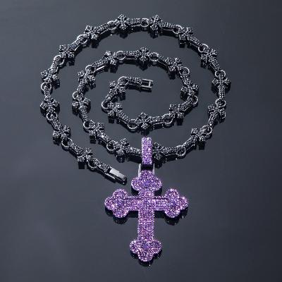 11mm Cross Link Chain + Micro Pave Purple Cross Pendant in Black Gold