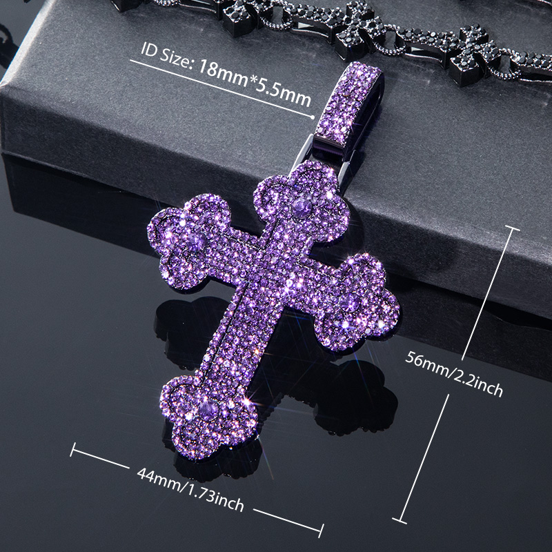 11mm Cross Link Chain + Micro Pave Purple Cross Pendant in Black Gold