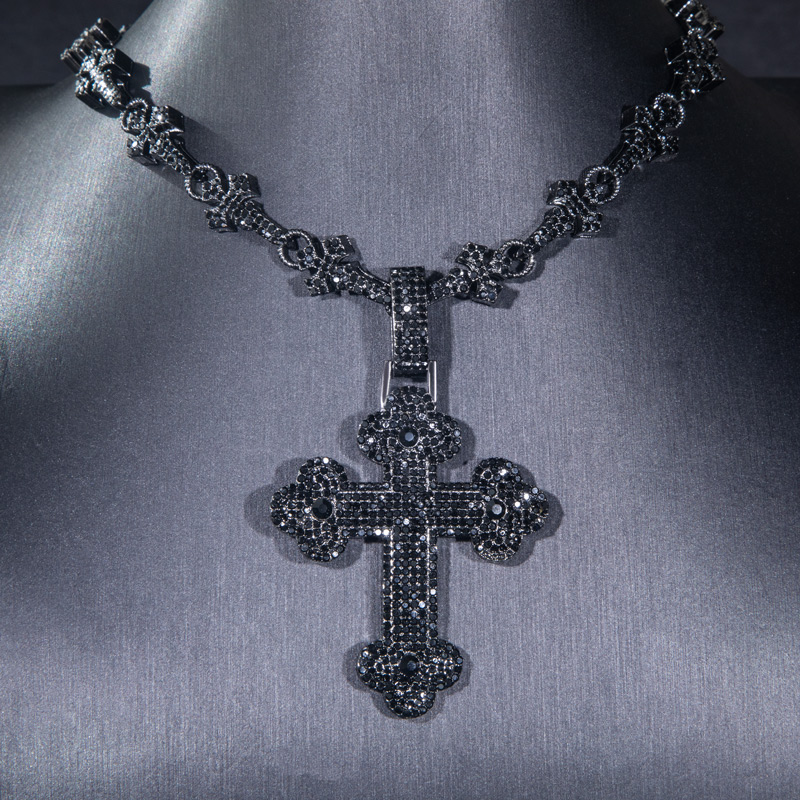 11mm Cross Link Chain + Micro Pave Cross Pendant in Black Gold