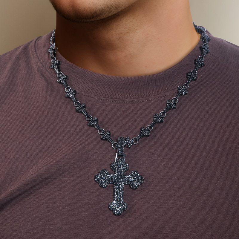 11mm Cross Link Chain + Micro Pave Cross Pendant in Black Gold