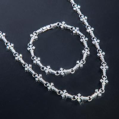 11mm Micro Pave Cross Link Chain & Bracelet Set in White Gold