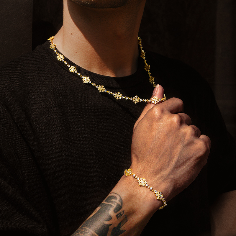 10mm Snowflake Link Chain & Bracelet Set in Gold
