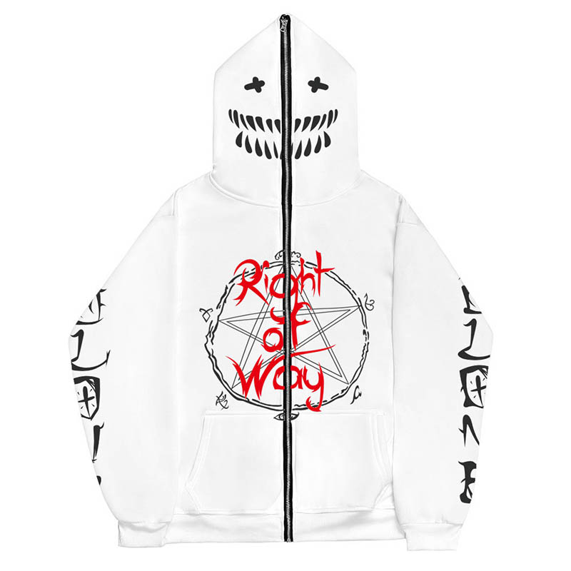 Y2K Scary Smile Print Zip Hoodie