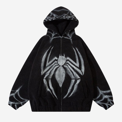 Unisex Polar Fleece Spider Print Zip Hoodie