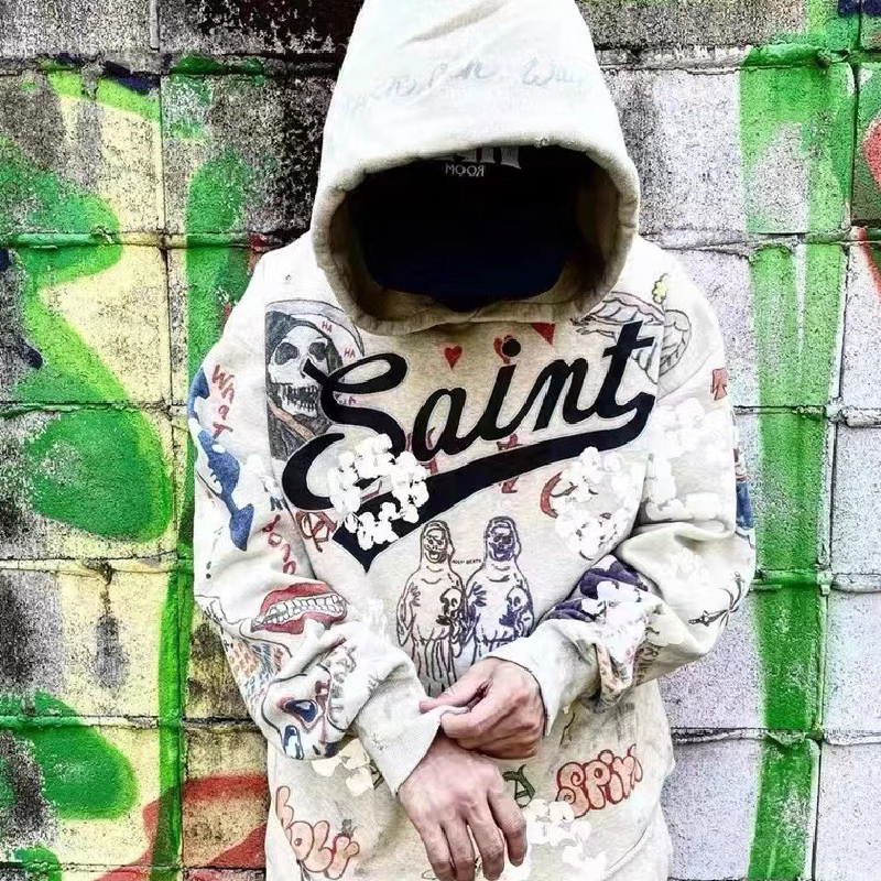 Kapok Graffiti Distressed Hole Retro Hooded Sweatshirt