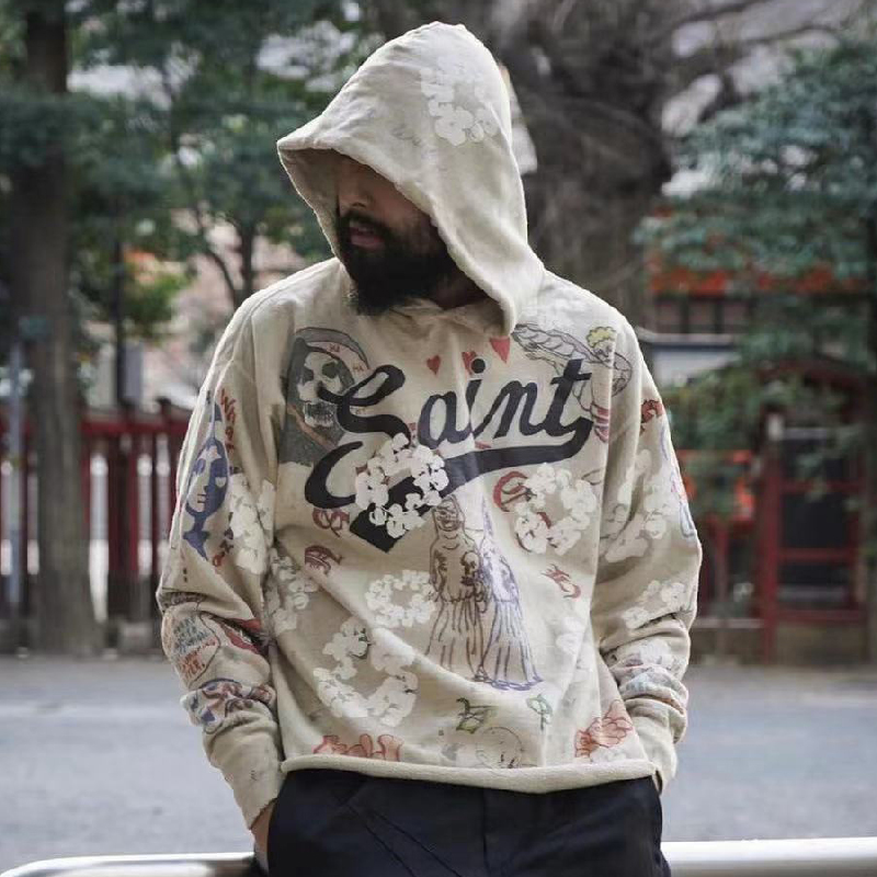 Kapok Graffiti Distressed Hole Retro Hooded Sweatshirt