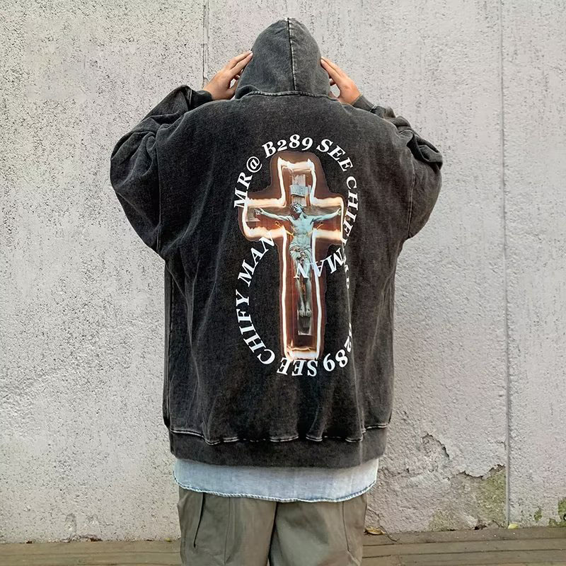 Hiphop Cross Washed Distressed Hoodie